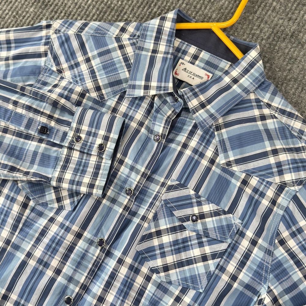 Ace Of Diamond Shirt Men Medium Blue Plaid Western Pearl Snap Long Sleeve Cotton